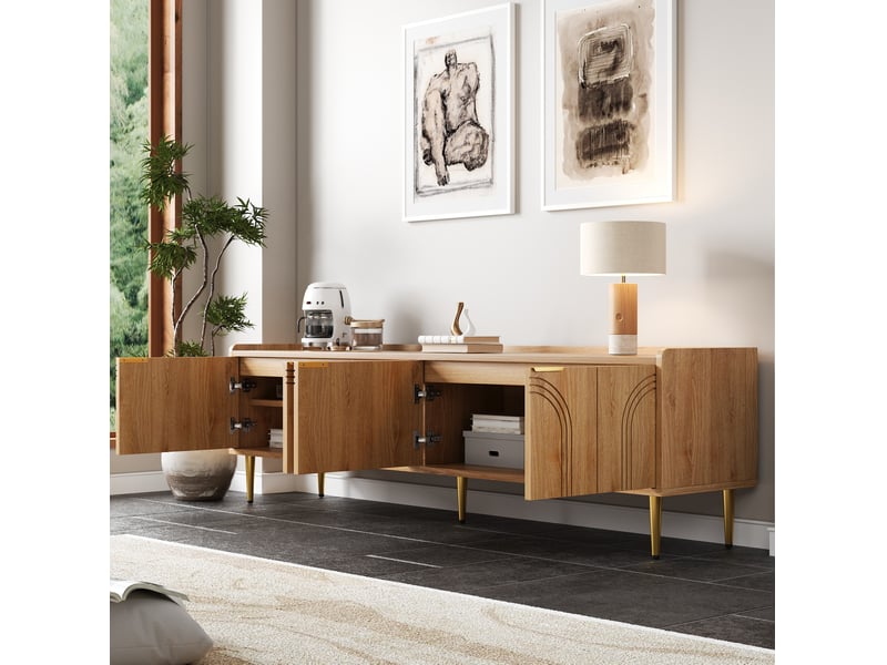  Meuble tv 170 x 35 x 47,5 cm en mdf naturel, portes sculptées et pieds dorés  - Conforama B