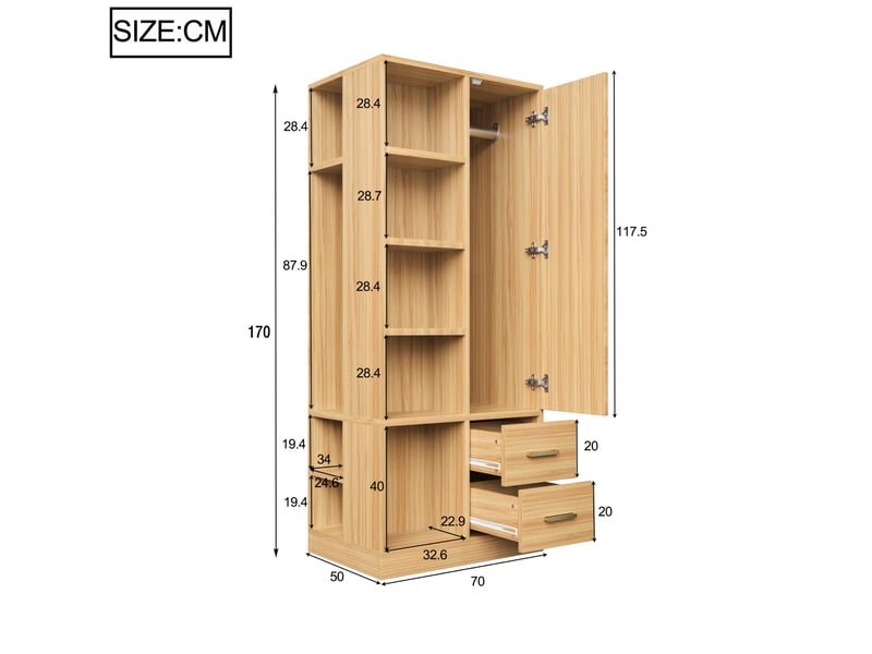 Armoire modenvie 1 porte 70 x 50 x 170 cm avec 2 tringles et 2 tiroirs bois clair - Conforama C