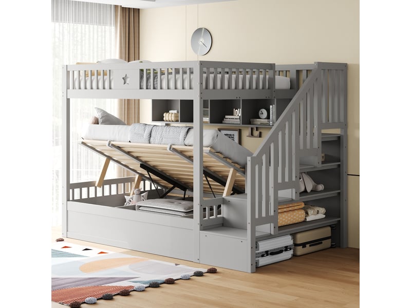  Lit 140x200 cm en bois gris avec rangement hydraulique, tiroirs et étagères intégrés, sans matelas  - Conforama D