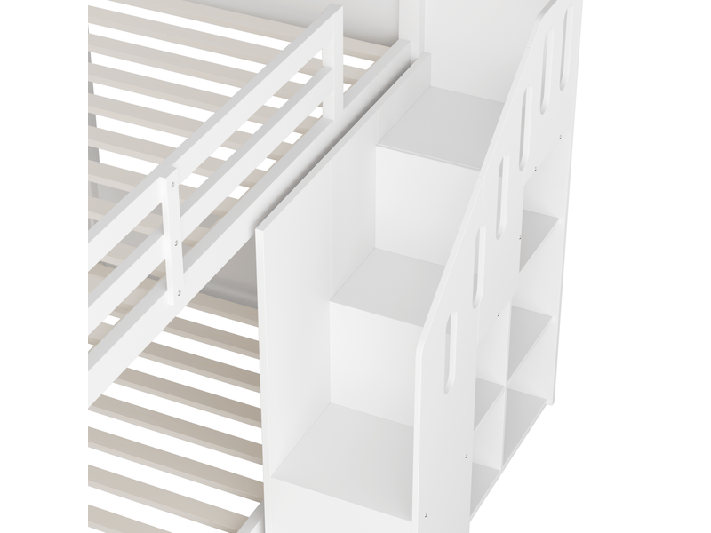  Lit superposé enfant 90x200 cm – blanc – escalier avec rangement, 2 couchages et sommier inclus - sans matelas  - Conforama E