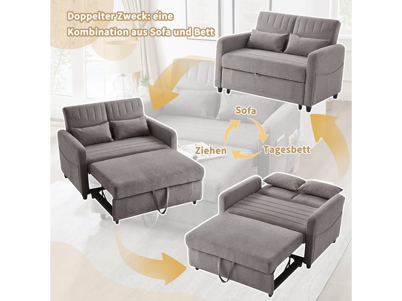  Canapé-lit pliant 2 places gris, assise extractible, dossier réglable 3 positions, tissu coton-lin respirant, structure bois-métal  - Conforama D