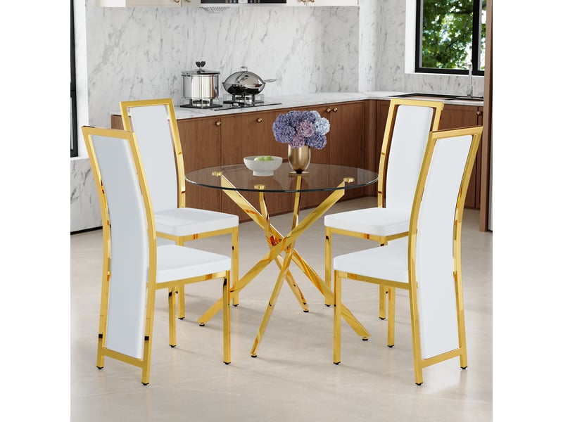  Ensemble table ronde et 4 chaises, plateau en verre trempé 88 cm, sièges blancs en similicuir et structures en métal doré  - Conforama E