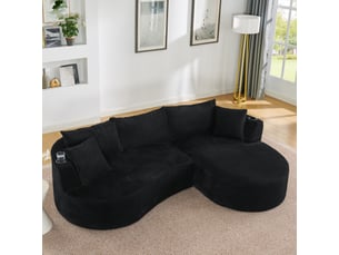 Canapé méridienne noir design courbé tissu côtelé avec porte-gobelet pour salon et bureau