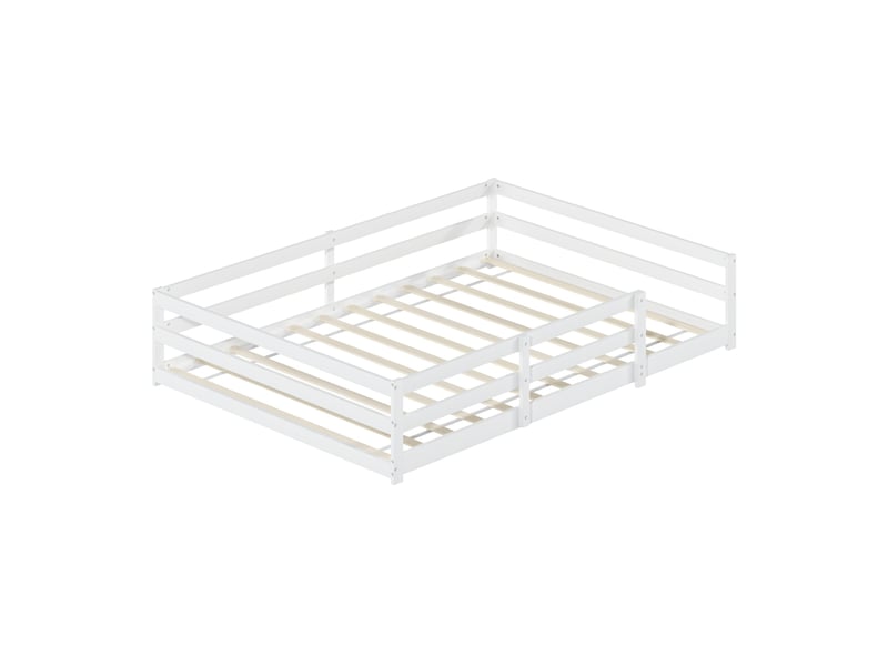  Lit enfant montessori 140x200 cm, lit bas avec barrière de sécurité, lit double avec sommier, bois, blanc sans matelas  - Conforama E