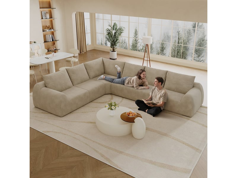  Canapé d’angle 6 places, canapé à compression de mousse, sans montage, chenille, kaki, 334 x 267 x 85 cm  - Conforama E