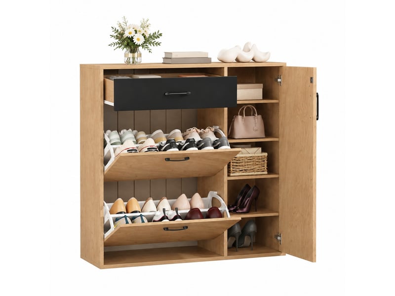  Meuble à chaussures 100×35×106 cm en mdf et panneaux de particules avec tiroir et portes abattantes bois naturel et noir chicfurn  - Conforama A