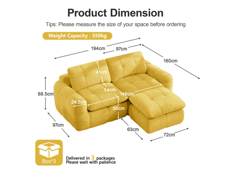  Canapé d'angle modulable 2 places sans cadre – karostepp chenille jaune, antidérapant, montage rapide, ottoman inclus  - Conforama C