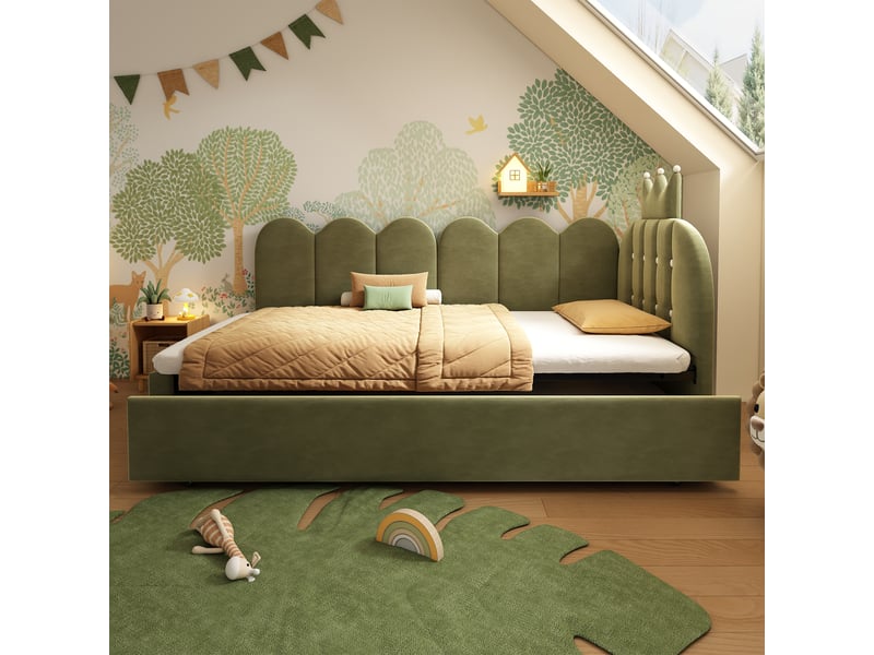  Canapé-lit de 90 × 200 cm, avec lit coulissant pouvant se transformer en lit d'appoint simple de 90 × 190 cm, forme en l, velours, vert  - Conforama B