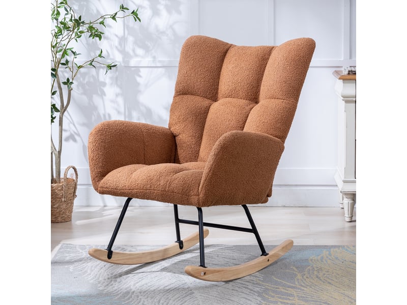  Fauteuil à bascule - 65x77x90cm - fauteuil rocking chair tissu bouclette teddy avec poche et pieds bois massif - marron  - Conforama C