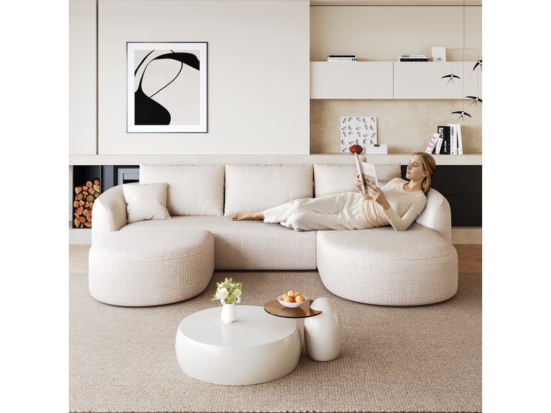  Canapé d'angle u 5 places 266x168x85 cm, modulable sans armature, mousse compressée, velours chenille, sans montage, assise confortable,beige ABC - Conforama E