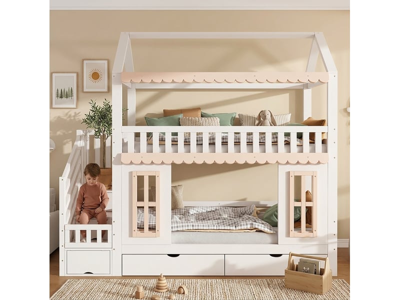 Lit superposé enfant cabane avec escalier de rangement et 2 tiroirs blanc et naturel 90 x 200 cm - Conforama D