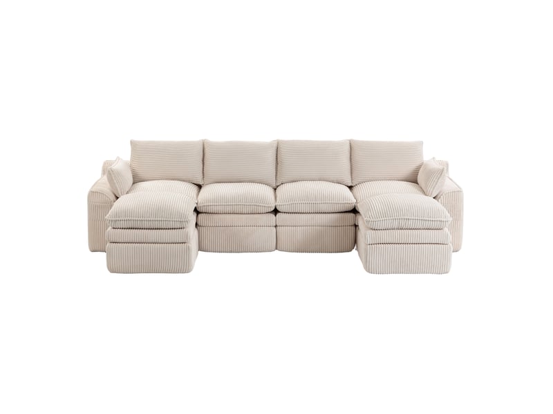  Canapé modulable 4 places en velours côtelé beige avec 2 poufs, coussins et poches latérales  - Conforama A