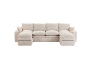Canapé modulable 4 places en velours côtelé beige avec 2 poufs, coussins et poches latérales