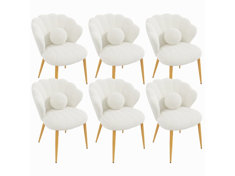  Chaise de salle à manger lot de 6 avec dossier coquillage et coussin rond, pieds en fer, tissu bouclé blanc  - Conforama A