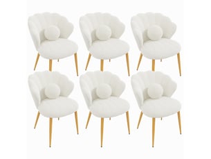 Chaise de salle à manger lot de 6 avec dossier coquillage et coussin rond, pieds en fer, tissu bouclé blanc