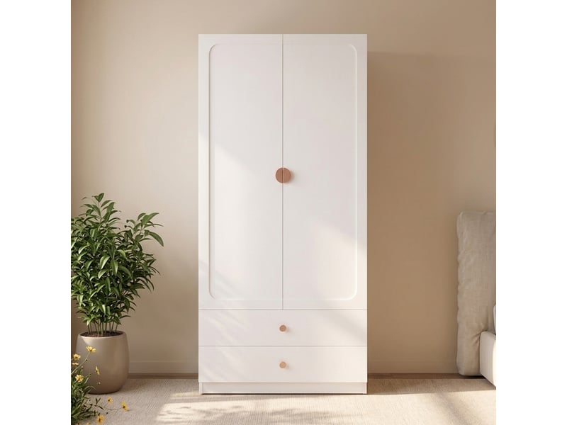 Armoire de chambre blanche avec 2 tiroirs et penderie, poignées en bois massif, 90x45x200 cm - Conforama R