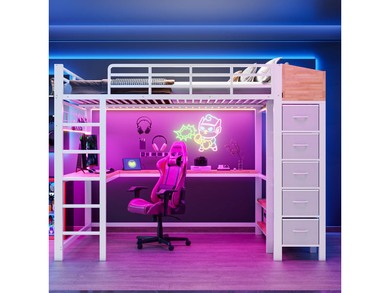  Lit mezzanine gaming 140x200 cm, bureau, led, prises, usb et usb-c, 5 tiroirs en tissu, penderie et étagères, métal et mdf, blanc OMNIGLINT TRADING LTD - Conforama C