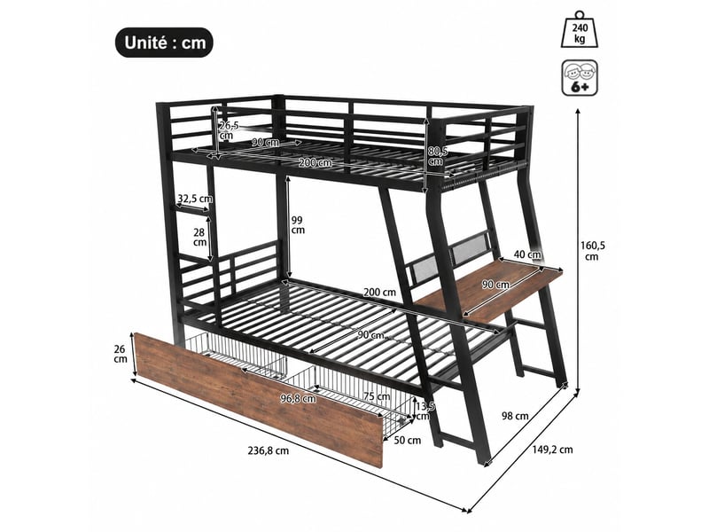  Lit superposé 90x200 cm avec bureau, 2 tiroirs et led réglable, structure en métal noir et mdf, sans matelas  - Conforama C