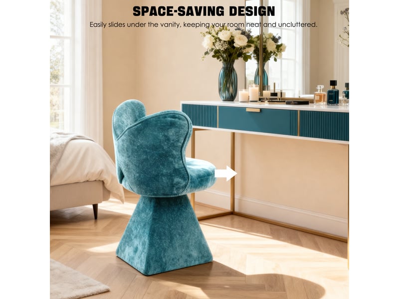  Fauteuil 46x45x76,2cm - chaise de coiffeuse pivotante 360° dossier papillon - avec paillettes et coussin nœud -chenille - bleu  - Conforama E