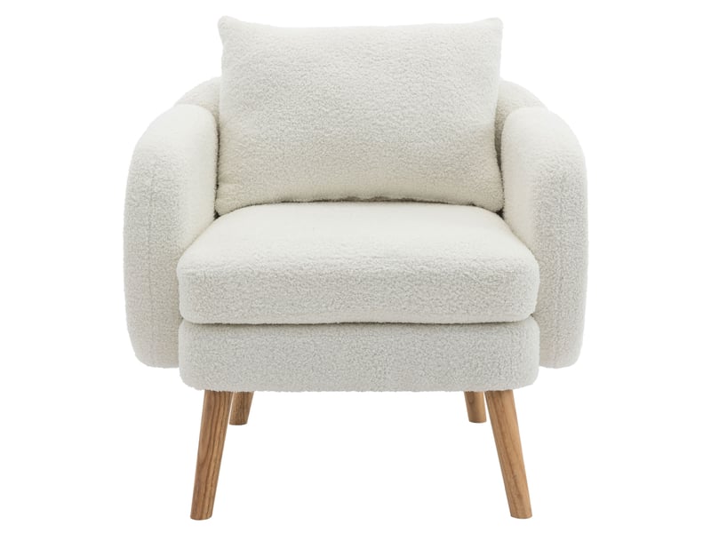  Fauteuil blanc en velours teddy, assise rembourrée avec coussin, structure bois massif et métal, design moderne pour salon  - Conforama A