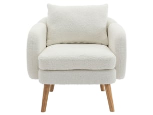 Fauteuil blanc en velours teddy, assise rembourrée avec coussin, structure bois massif et métal, design moderne pour salon