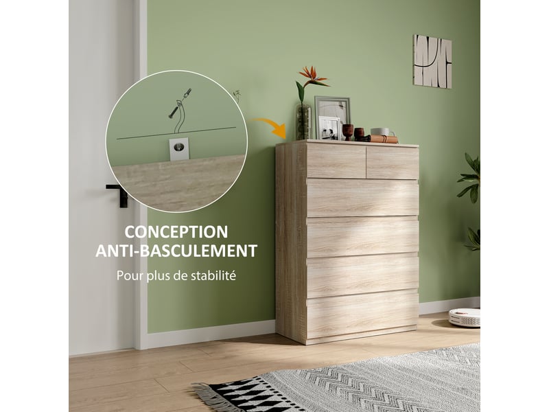  Commode 6 tiroirs meuble de rangement sans poignées design minimaliste 80 x 39 x 115 cm bois naturel  - Conforama R