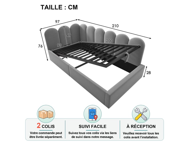 Lit banquette simple 90×200 cm avec coffre hydraulique - okmyhome- en velours gris, cadre métallique, sans matelas - Conforama D