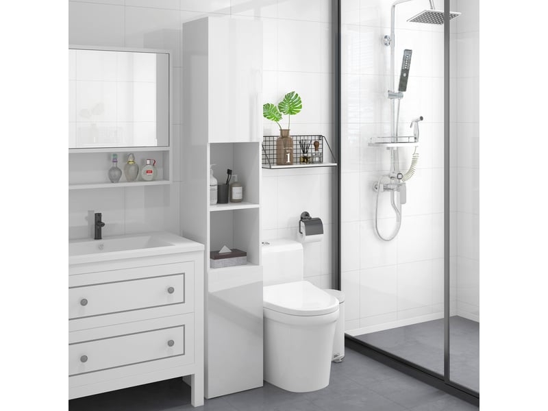  Armoire de salle de bain haute et étroite avec portes et étagères réglables, 30 x 30 x 81,5 cm, blanc brillant  - Conforama D