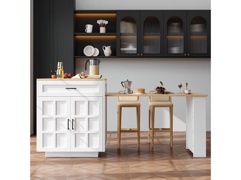  Îlot de cuisine extensible avec rangement 133-202x70x93.5 cm mdf blanc  - Conforama C