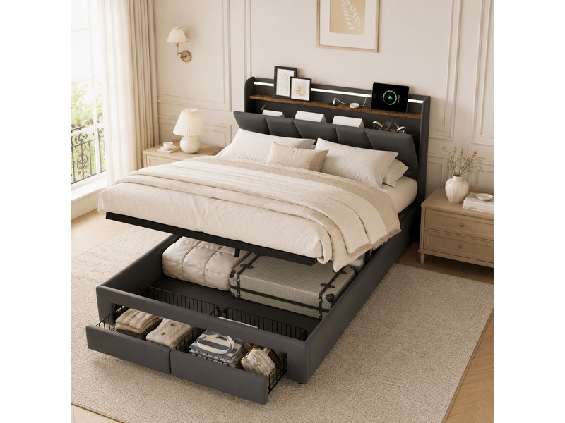  Lit coffre 160x200cm - avec led et usb tpye c -  2 tiroirs - tête de lit est pliable -lit capitonné  140x190 cm avec sommier à lattes,  lit rembourré avec hydraulique, rangement de chevet,  lit 2 personnes - lin gris - sans mate…  - Conforama W