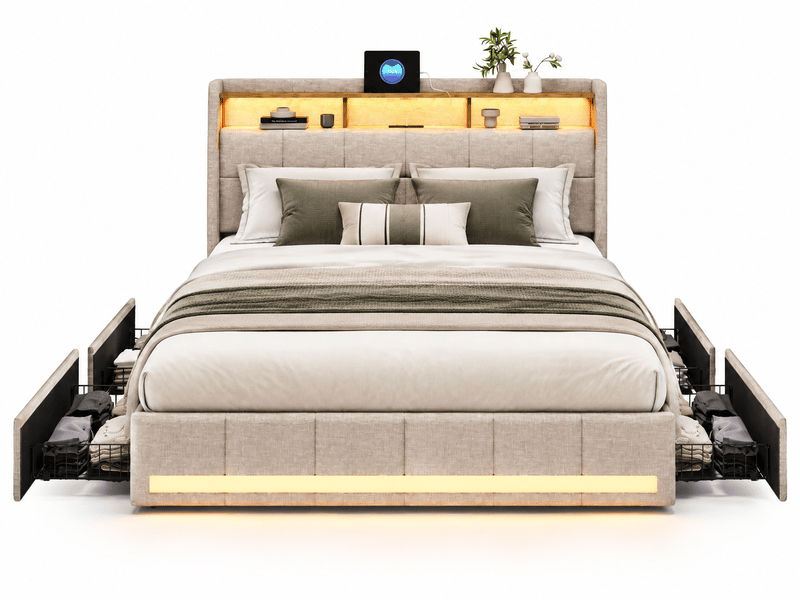  Lit double rembourré 140x200 cm avec sommier et 4 tiroirs, lit 2 personnes avec rangement et tête de lit, led et usb, lin beige  - Conforama A