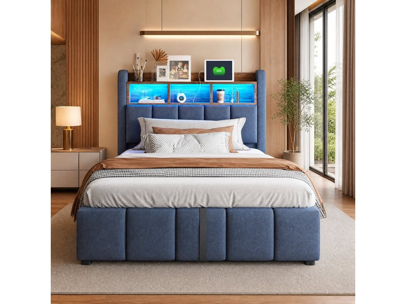  Lit coffre simple en lin avec rangement hydraulique, led, usb et type-c, 90x200 cm, présence du matelas non précisée  - Conforama B