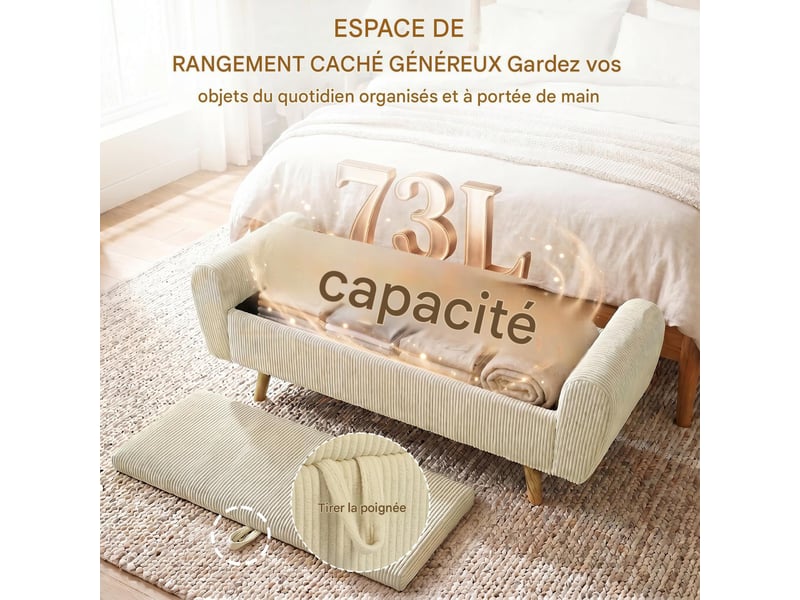  Banc coffre 2 places en velours côtelé avec accoudoirs beige 150x45x51 cm  - Conforama E