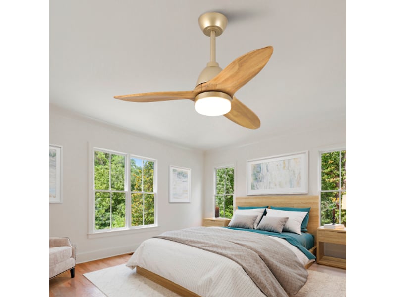  Ventilateur de plafond 36 pouces avec led, 3 pales en bois massif, moteur dc réversible, finition chêne doré  - Conforama B