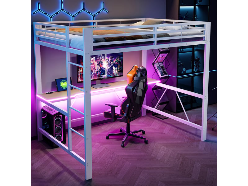  Lit mezzanine gaming 140x200 cm blanc, avec bureau, led, usb, rangements, structure métal, sommier inclus, sans matelas  - Conforama W