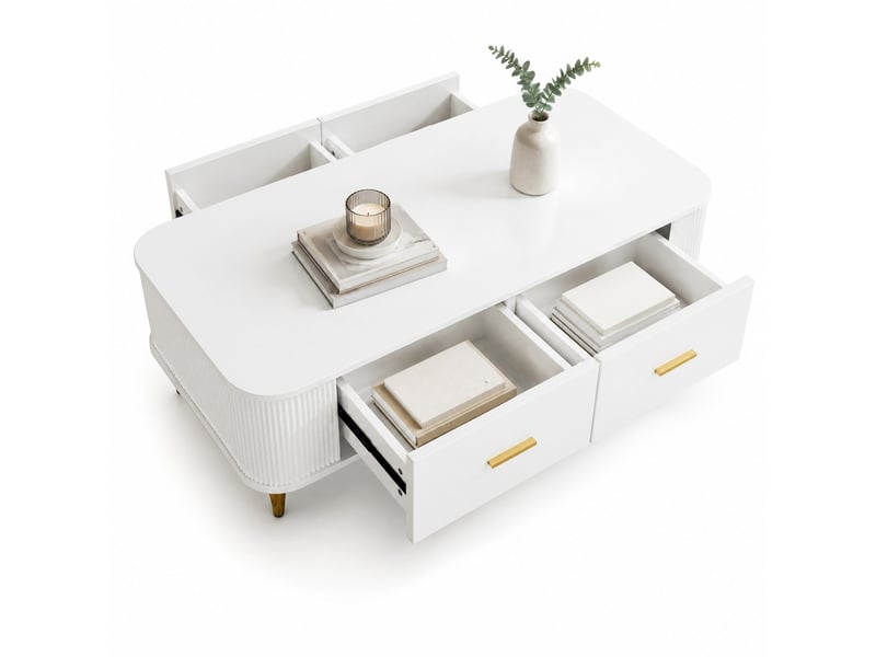  Table basse avec 4 tiroirs pour salon en mdf 105×51×38 cm blanc avec poignées et pieds dorés  - Conforama A