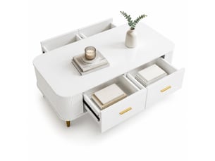Table basse avec 4 tiroirs pour salon en mdf 105×51×38 cm blanc avec poignées et pieds dorés