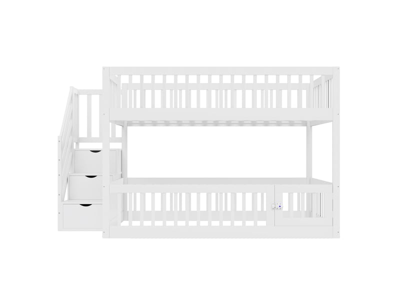  Lit superposé avec escalier sécurisé et rangements, bois blanc, 140x200 cm, tiroirs intégrés  - Conforama A