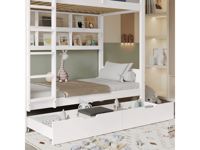  Lit superposé enfant 90x200cm en pin et mdf blanc naturel avec 2 tiroirs, étagère ouverte et échelle  - Conforama C