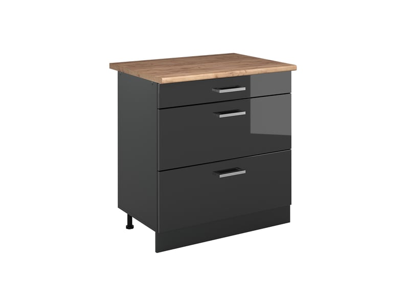  Vicco meuble cuisine, anthracite haute brillanceanthracite, 80cm avec 3 tiroirs plan de travail chêne doré  - Conforama A