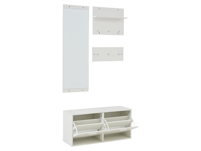  Vestiaire d'entrée complet, ensemble meuble d'entrée 4 pièces avec miroir et meuble à chaussures, style scandinave moderne 90x30x41.5cm, blanc  - Conforama D