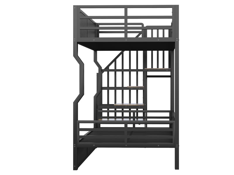  Lit mezzanine enfant 90x200 cm avec rangement intégré et escalier avec placards, lit surélevé led avec garde-corps haut pour adolescent, noir Seren Glow - Conforama E