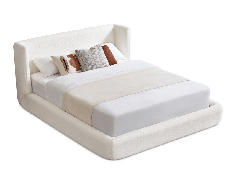 Lit rembourré double 160 x 200 cm avec tête de lit capitonnée, cadre renforcé et sommier métallique inclus, mousse, blanc crème Morn Vibe - Conforama A