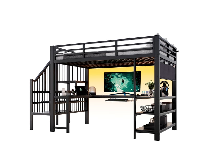  Lit mezzanine gaming 120x200 cm avec bureau en u et led noir  - Conforama A