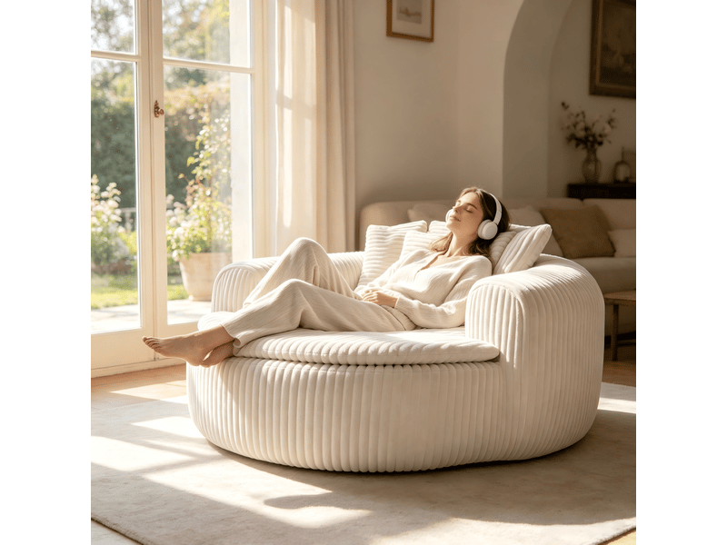 Fauteuil lounge 145x133x59 cm en velours côtelé, assise profonde, 5 coussins, accoudoirs enveloppants, rembourrage mousse et ressorts ensachés, beige - Conforama E