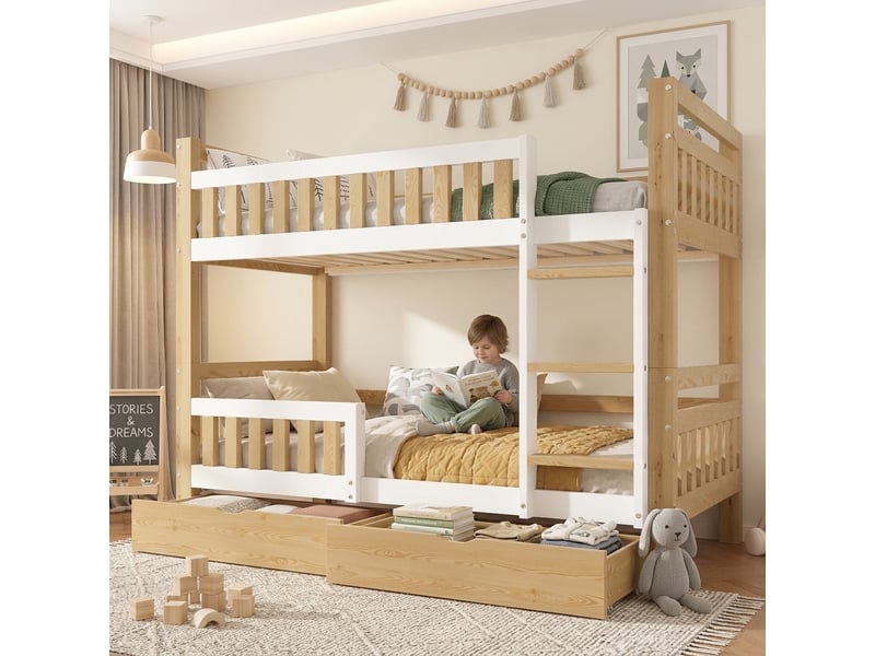  Lit superposé 90x200 cm bois blanc et naturel convertible en 2 lits simples avec échelle barrière de sécurité et 2 tiroirs Sol Morn - Conforama E