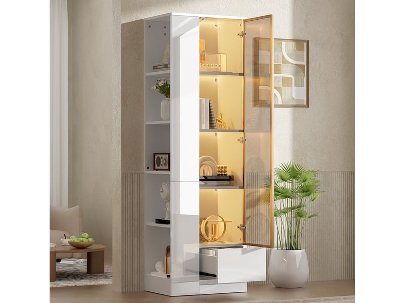 Vitrine avec porte vitrée, led dimmable, tiroir et niches ouvertes pour salon et salle à manger, blanc, 50 × 35 × 160 cm - Conforama B