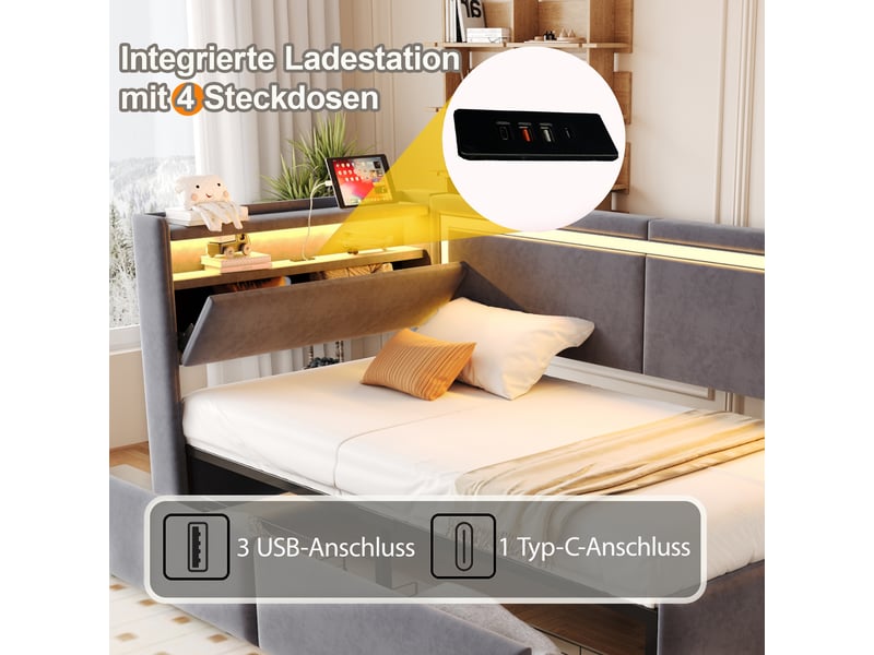  Canapé-lit 90x200 cm avec éclairage led et port usb, gris foncé, lit simple avec tête de lit en velours et tiroirs de rangement  - Conforama E