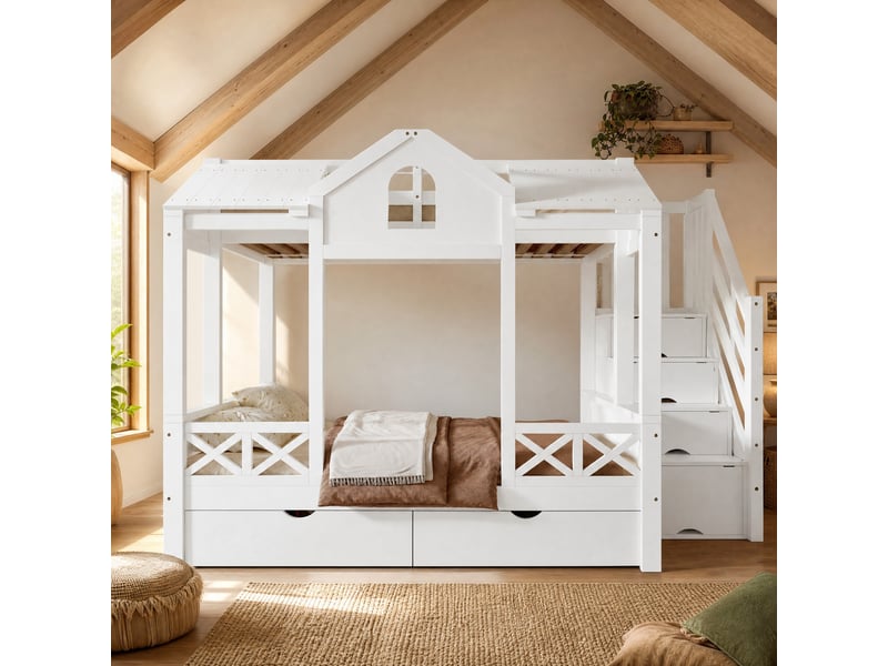  Lit superposé enfant blanc avec rangements, 90 x 200 cm et 140 x 200 cm  - Conforama D