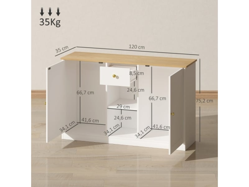  Buffet bas blanc avec tiroir et 2 portes – 2 étagères ouvertes, meuble saloncuisine 120x35x75,2 cm  - Conforama C